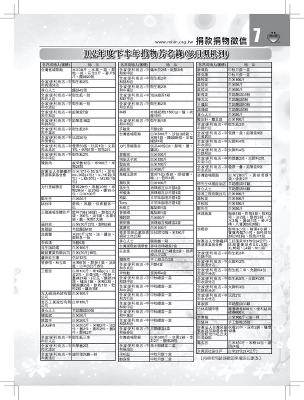 102年下半年捐贈芳名錄